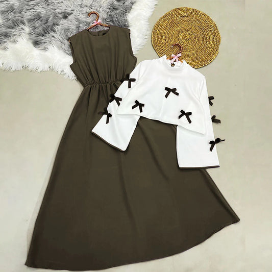 Classic Wine Maxi Dress with Ribbon Shrug