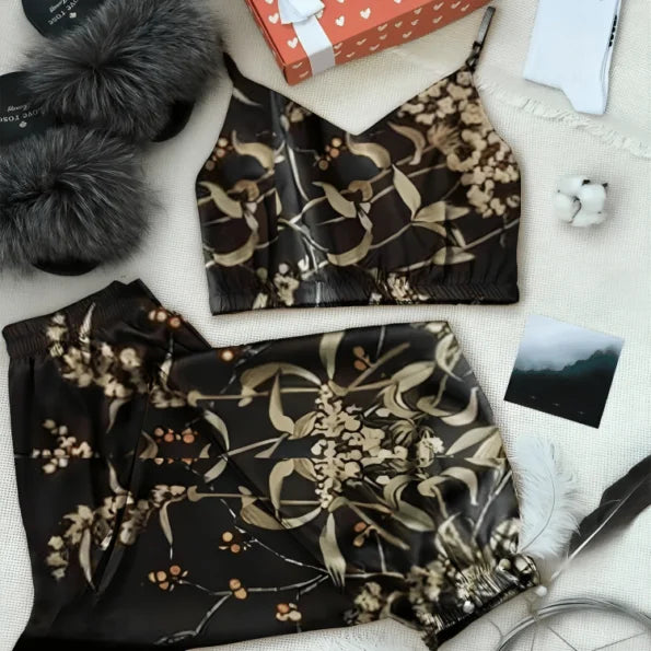 Leaf Print Autumn Two Piece Set Top and Long Pants.
