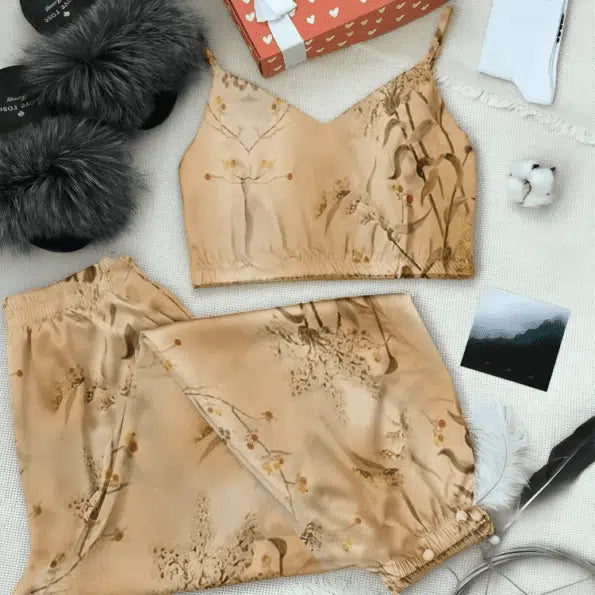Leaf Print Autumn Two Piece Set Top and Long Pants.