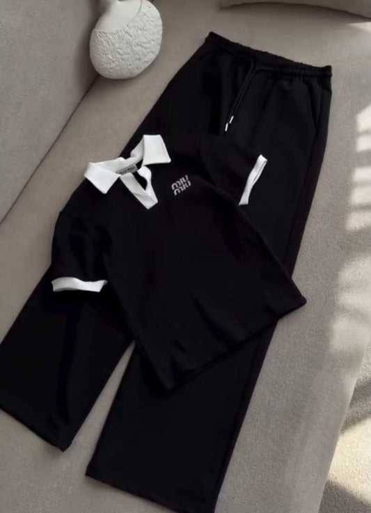 Contrast Trim T-shirt & Wide-Leg Trouser Set MWTS-43